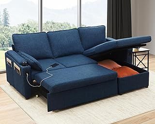 DURASPACE Sofa Bed Sleeper Pull Out 2 In 1 Sectional Sleeper Sofa Couches With Storage,USB, Cup Holder,Pullout Sectional Couches For Apartment Living Room (Blue)