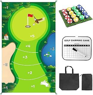 Homgaty 150 * 80cm Portable Indoor/Outdoor Golf Game Set, Golf Chipping Game Mat Battle Golf Game,Golf Daddy Simulator Sticky Game Mat+16 Golf Balls +1 Chipping Mat+1 Score Board+2 Carrying Bags