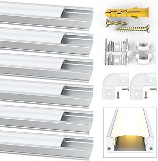 Led Aluminum Profile, Jirvyuk 6 Pack 1m/3.3ft LED Channel and Diffuser for LED Strip Lights with Milky White Cover, End Caps and Metal Mounting Clips - Silver (U Shape)