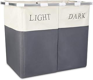 Vinsani Lights and Darks Folding Laundry Sorter Basket Box Bag Bin Hamper Washing Cloths Storage 2 Compartments, Metal - Grey