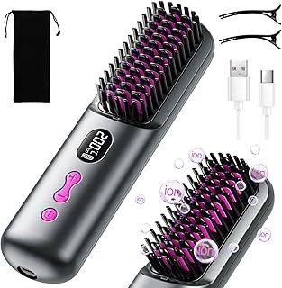 Cordless Hair Straightener Brush, Portable Hair Straightener Brushs for Travel, Negative Ion 9600mAh USB Rechargeable Heated Straightening Brush Hot Comb for Women Beard Straighteners for Men