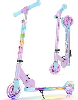 BELEEV V3 Scooter for Kids Ages 3-12, 2 Wheel Folding Scooters for Girl Boys with Light-Up Wheels & Stem & Deck, 4 Adjustable Height, Cartoon Pattern Deck, Lightweight Scooter with Kickstand