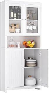 FOREHILL 190cm Kitchen Cupboard Display Cabinet Tall Storage Cabinet Living Room Bookcase Larder Cupboard with 2 Glass Doors White Wooden