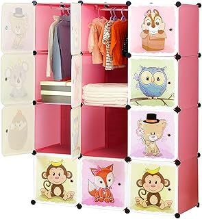 BRIAN & DANY Portable Cartoon Clothes Closet Wardrobe DIY Modular Storage Organizer, Sturdy and Safe for Children, 8 Cubes & 2 Hanging Sections, Pink, 110 x 47 x 147 cm