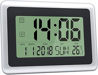 Slim Large LCD Digital Alarm Clock - Silent Desk Clocks with Day Date, Temperature & Alarm Timer Function