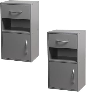 URBNLIVING Set Of 2 Wooden Bedroom Bedside Cabinet Nightstand Side Table w/1 Door 1 Drawer (Gray)