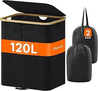 Lifewit 120L Laundry Basket with Lid, Clothes Hampers for Laundry with Bamboo Handles and Removable Laundry Bags, Large Foldable Laundry Hamper for Bedroom, Bathroom, Dorm, Laundry Room, Black
