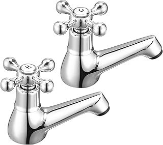 Wasserrhythm Basin Pillar Taps Pair Twin Bathroom Sink Taps Victorian Traditional Chrome Brass Cross Lever Two Wash Basin Taps Hot and Cold Taps Separate 2 Holes