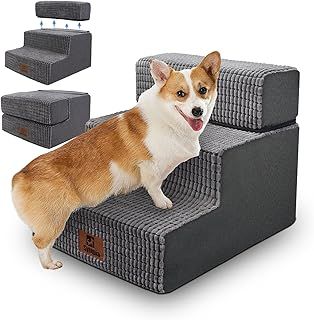 Pet Stairs Ramp for High Beds and Couch, Steps for Dogs to Get on Bed, 3 Step Foldable Stairs for Large/Medium/Small Dogs and Old Cats, Non-Slip and Firm Foam and Washable Cover by Sytopia, Grey