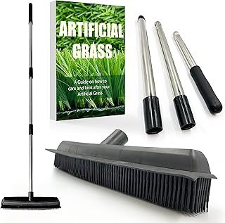 Artificial Grass Brush Astro Turf Brush − Artificial Grass Broom with Soft Rubber Bristles and 3-Section Stainless Steel Handle, Artificial Grass Rake Rubber Broom + Free Artificial Grass Care Guide