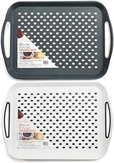 2x Set of Anti-Slip Rectangular Non-Slip Top and Bottom Plastic Dinner/Drinks Serving Tray with High Grip Rubber Surface, Easy Grip Handles Black,Grey & White Random Colour