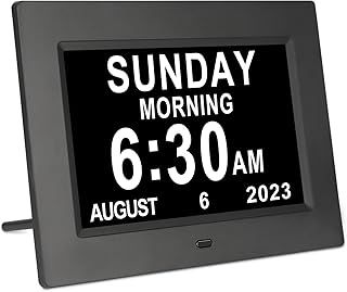 7 Inch Digital Day of The Week Clock Extra Large Non-Abbreviated Dementia Day and Date Time Clocks for Seniors Elderly Impaired Vision Memory Loss 12 Alarm Reminders + Auto-Dimming