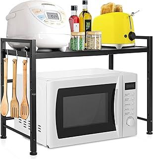 BQKOZFIN Expandable Microwave Oven Rack, Height Adjustable Carbon Steel Microwave Shelf, Foldable Kitchen Counter Organizer for Toaster, Towels, 2 Tiers with 3 Hooks, 44lbs/20kg Load Bearing (Black)