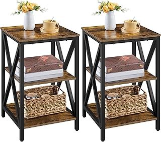 Yaheetech Retro Bedside Table Set of 2, X Design 3 Tiers Nightstands End Side Table with Storage Shelf for Living Room Bedroom Small Space, Sturdy 2Pcs Furniture Set, Rustic Brown