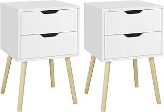 Yaheetech 2pcs Bedside Tables, Nightstand Cabinet Unit with 2 Drawers Storage, Set of 2 Modern Sofa Side End Table Lamp Table with Solid Pine Wood Legs for Living Room/Bedroom, 40 x 40 x 61cm, White