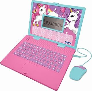 LEXIBOOK JC598UNIi1 Unicorn Educational and Bilingual Laptop French/English-Toy for Children with 124 Activities to Learn Mathematics, Dactylography, Logic, Clock Reading, Play Games and Music, Pink
