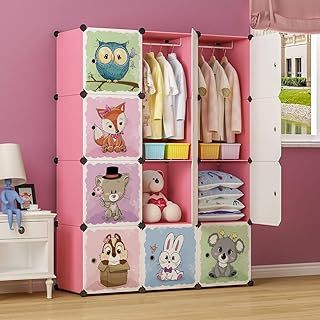BRIAN & DANY Cartoon Clothes Closet Wardrobe DIY Modular Storage Organizer, Sturdy and Safe for Children, 8 Cubes & 2 Hanging Sections, Pink, 110 x 47 x 147 cm