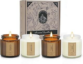 Scented Candles Gifts Set, Vintage Retro Stlye Hand Poured Natural Soy Wax Apothecary Amber Jar Candles Perfect Women & Men Gifts with Essential Oils for Aromatherapy Relaxation, 4Pack