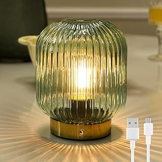 MJ PREMIER Rechargeable Table Lamp, Green Glass Lamps with Memory Function, Cordless LED Lamp with Dimmable Brightness, Decorative Touch Lamps for Bedroom Living Room