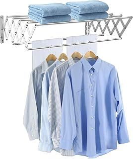 Youyijia Wall Mounted Clothes Airer, Foldable Clothes Airer Space-Saver, Wall Mounted Clothes Drying Rack with 7 Drying Rods, Retractable Laundry Drying Rack for Indoor and Outdoor Use