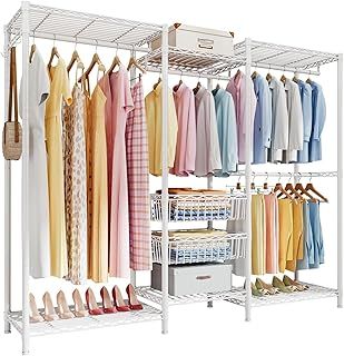 FTEYUET Clothes Rails, Heavy Duty Clothing Rail Clothing Garment Rack Coat Rails Coat Racks Freestanding Wardrobe Closet Rack with Hanging Rods, Adjustable Shelves and Storage Baskets, White