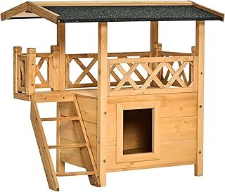 PawHut Wooden Cat House Outdoor Luxury Wood Room Weatherproof Shelter Dog Puppy Garden Large Kennel Crate Natural Wood