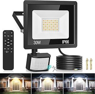 Security Lights Outdoor Motion Sensor, 30W 3 Colours PIR Security Light with Remote Control, 2700LM IP66 Waterproof Outside Lights Dimmable Floodlight Motion Sensor Lights Outdoor for Backyard, Garden