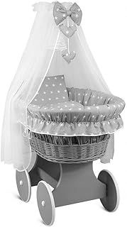 BABYMAM Wicker Wheel Stand Moses Basket Baby Bassinet Crib with Full Cotton Bedding Sets Liner Cover Mattress Canopy - Grey/Small White Stars On Grey