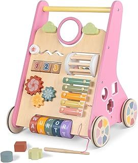 Bautia Wooden Baby Walker for 1 Year Olds Girls, Toddler Push Along Walker with Learning Toys, 2-in-1 Baby Activity Centre for 12 Months Girls Gifts with Shapes, Phrases & Mirror