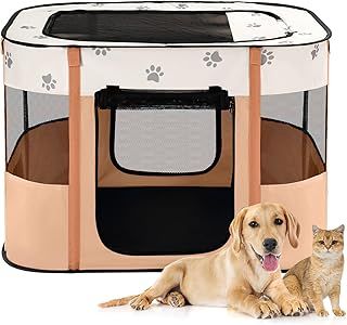 Avont Portable Dog Cat Playpen, Foldable Pop Up Pet Play Pen Travel Crate with Floor and Mesh Door Top for Indoor Outdoor Collapsible Tent Cage -S, Orange