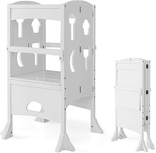 Maxmass Folding Kids Step Stool, Wooden Standing Tower with Height-Adjustable Platform, 4-Sided Guardrails & Safety Latches, Toddlers Kitchen Helper for Bathroom, Dining Room (White)