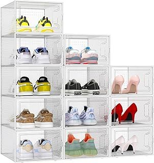 Shoe Box - 12 pcs Shoe Storage Boxes, Clear Plastic Stackable Shoe Organizer, Shoe Rack with doors for Women/Men, Shoes Storage Fit UK 9.5 (32.5 * 23 * 13.5cm-Clear)