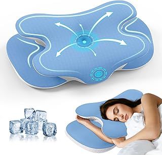 Memory Foam Pillow,Cervical Pillow for Shoulder Pain,Ergonomic Orthopedic Neck Support Pillow for Side,Back and Stomach Sleepers with Washable Ice Silk Pillowcase,Blue