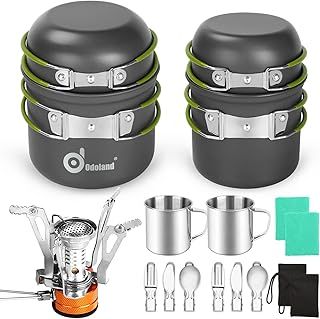 Odoland Camping Cookware Mess Kit, Camping Pot and Pan Set with Mini Backpacking Stove, Stainless Steel Cup, Spork and Tank Bracket, Cooking Gear for Outdoor, Hiking, Picnic, Campfire