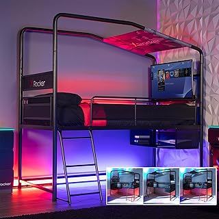 X-Rocker Contra Mid Sleeper Bed, TV Gaming Bed with Storage, 4-Way Build Black Metal Bed Frame with Multi-Placement Ladder. 32" TV Mount for Boys and for Girls, Gaming Bedroom - BLACK