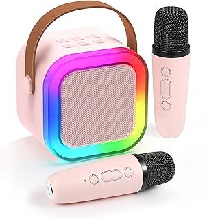 Fede Karaoke Machine for Kids Adults, Mini Karaoke Machine with 2 Wireless Microphones, Portable Bluetooth Speaker with Voice Changing Effects & LED Lights, Best Gifts Toys for Girls and Boys Pink