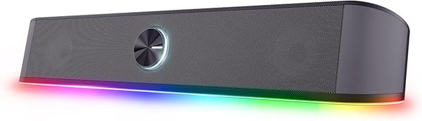 Trust Gaming GXT 1619 Rhox RGB Illuminated Soundbar, PC Speakers, 12W Peak Power, USB Powered Sound Bar, 3.5mm Jack, Plug and Play, Stereo PC Soundbar for Desktop, Laptop, Computer – Black/Grey