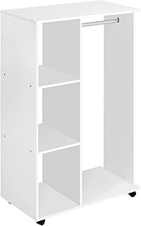 HOMCOM Open Wardrobe on Wheels with Clothes Rail, Bedroom Clothes Storage with Hanging Rod, 3 Storage Shelves, Mobile Garment Rack for Cloakroom, Hallway, White