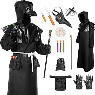 Plague Doctor Mask Costumes Cloak Set for Adults Black Plague Doctor Robe with Gloves Halloween Cosplay Outfit Men