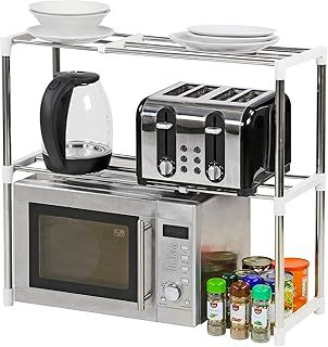 Taylor & Brown 2 Tier Microwave Oven Storage Rack Extendable Shelf Shelving Utensil Stainless Steel Shelves Kitchen Stand Organiser Countertop Space Saver
