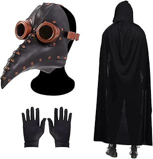 Pest Doctor Steampunk Bird Beak Long Nose Mask with Gloves and Black Hooded Cape - Halloween Costume Props