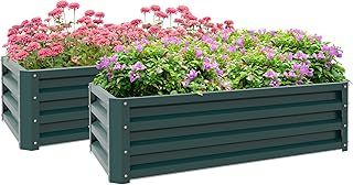 Outsunny Galvanised Raised Beds for Garden Set of 2, Outdoor Elevated Planter Box, Easy-to-assemble, for Growing Flowers, Herbs and Vegetables, Green