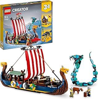 LEGO Creator 3in1 Viking Ship and the Midgard Serpent 31132 Building Kit; Features Ship, House and Wolf Toys; Creative Gift for Kids Aged 9+ Who Love Viking Adventures and Construction (1,192 Pieces)