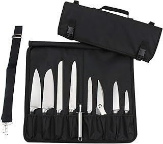 Tosnail Chef Knife Case Roll Bag with 15 Slots, Easy Carry Handle and Shoulder Strap - Black
