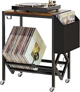 Vinyl Record Player Stand - Record Player Table with Storage Hold 80 Albums Turntable Stand with Organizer Pocket and Wheels