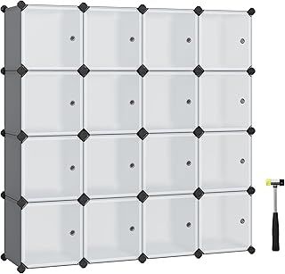 SONGMICS 16-Cube Storage Unit, Shoe Rack, Stackable Cubes, Plastic Closet Cabinet, Wardrobe, with Doors, for Bedroom, Office, Easy to Assemble, Grey LPC443G01
