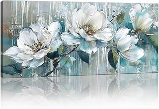 FajerminArt Large Framed Canvas Wall Art, Blue White Peony Flowers Wall Canvas Vintage Floral Pictures Painting on Print Canvas Poster Decor for Living Room Bedroom Ready To Hang 120cmx50cm
