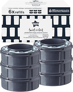 Tommee Tippee Twist and Click Advanced Nappy Bin Refill Cassettes, Sustainably Sourced Antibacterial GREENFILM, 6 Count ( Pack of 1)