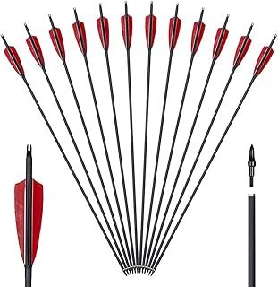Huntingdoor 12Pcs 30 inch Archery Carbon Arrows Spine 550 Hunting Targeting Arrows with Replaceable Broadhead for Recurve Bow Compound Bow Target Practice