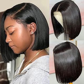 DUAUJUIU Short Bob Wig Human Hair Glueless Wig 13x4 Lace Frontal Bob Wigs Natural Black Transparent Lace Pre Plucked Natural Hairline with Baby Hair 8 Inch